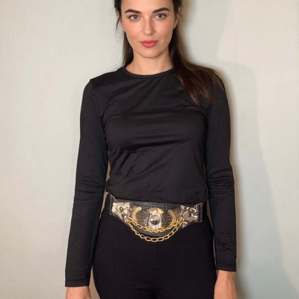 Vintage Chain Alligator Snakeskin Embossed Vegan Leather Belt Medallion Metal